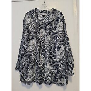 Talbots Womens Navy Blue White Paisley Cotton Pleated Tunic Top 2X